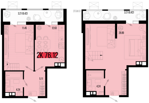 Планировка 2-комн 76,12, 77,07 м²