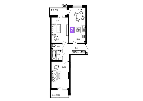 Планировка 2-комн 60,07 м²