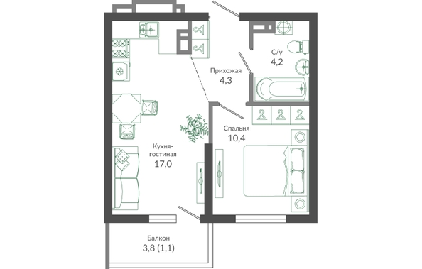 Планировка 1-комн 37 м²