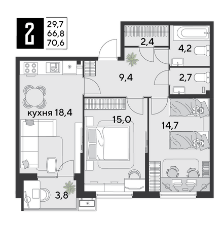 Планировка 2-комн 70,6 м²