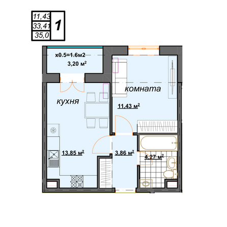 Планировка 1-комн 35 м²