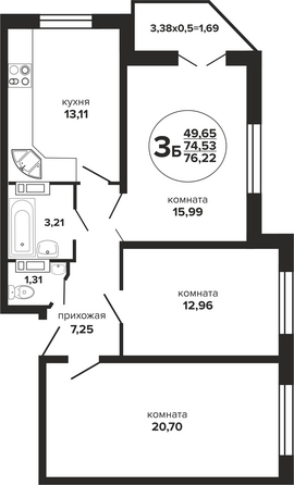 Планировка 3-комн 76,22 м²