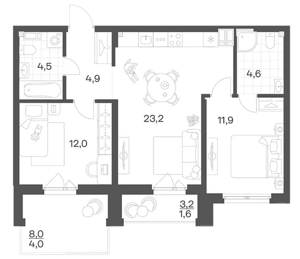 Планировка 2-комн 66,7 м²