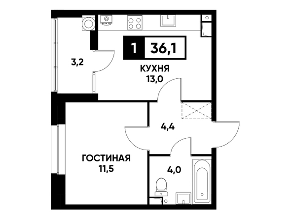 Планировка 1-комн 36,1 м²