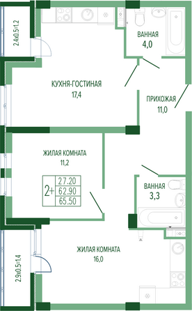 Планировка 2-комн 65,5 м²