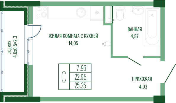 Планировка Студия 25,25 м²