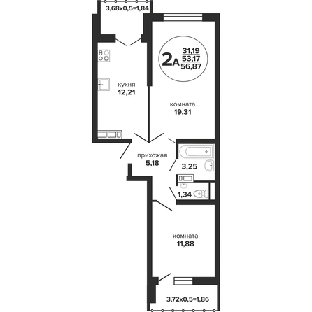 Планировка 2-комн 56,87 м²