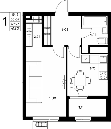 Планировка 1-комн 29,3 м²
