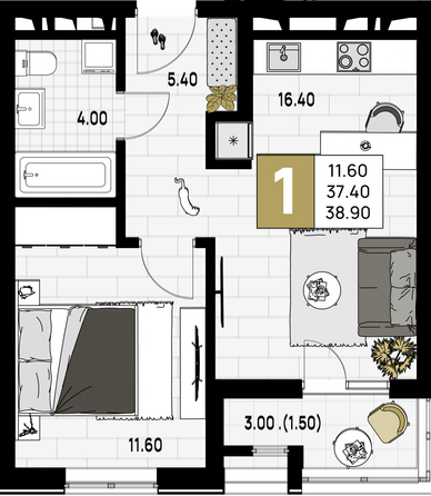 Планировка 1-комн 38,9 м²