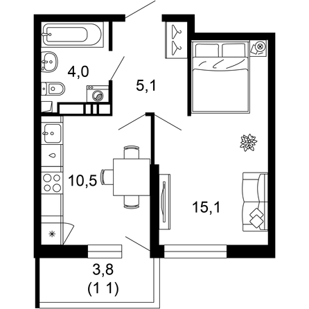 Планировка 1-комн 35,8 м²