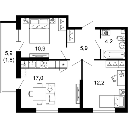 Планировка 2-комн 52 м²