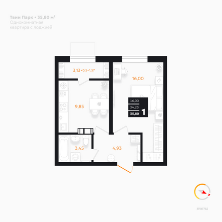 Планировка 1-комн 35,8 м²