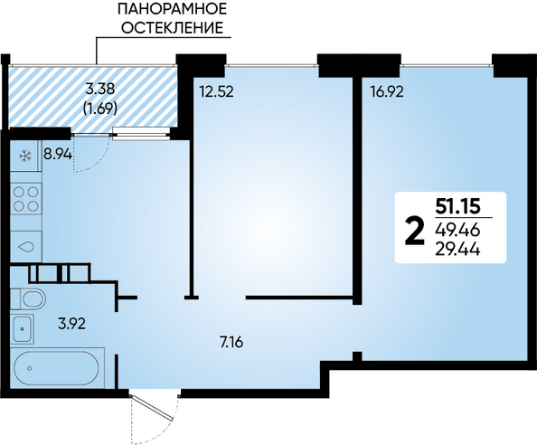 Планировка 2-комн 51,15 м²