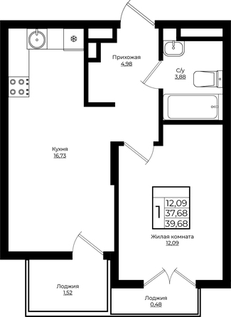 Планировка 1-комн 39,68 м²