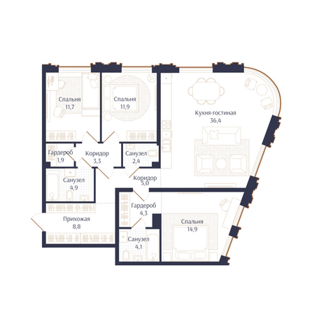 Планировка 3-комн 109,6 м²