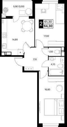 Планировка 2-комн 64,3, 64,6 м²