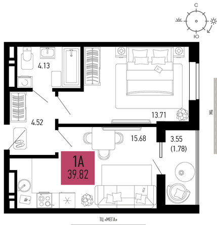 Планировка 1-комн 39,82 м²