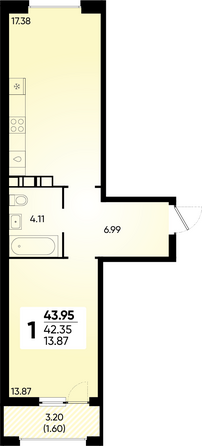 Планировка 1-комн 43,95 м²