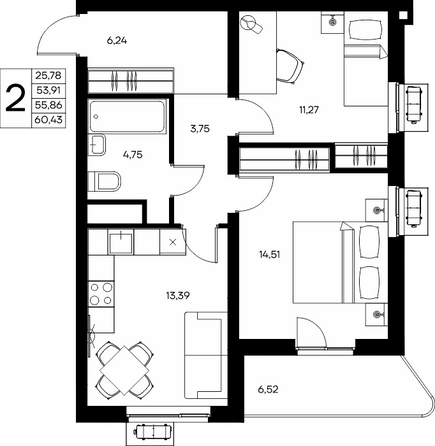 Планировка 1-комн 29,39 м²