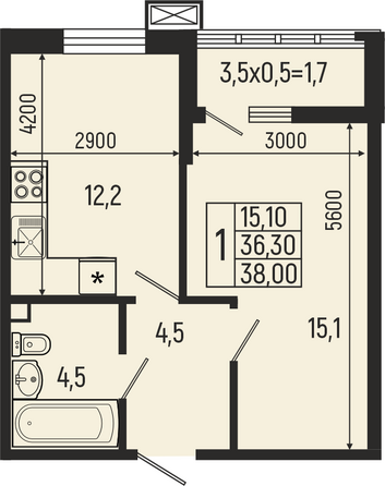 Планировка 1-комн 38, 40,9 м²