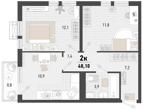 Планировка 2-комн 48,1 м²