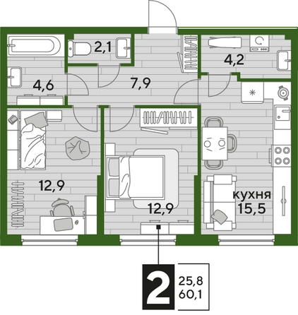 Планировка 2-комн 60,1 м²