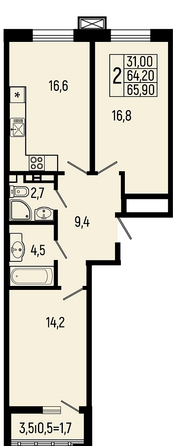 Планировка 2-комн 65,9, 66,4 м²