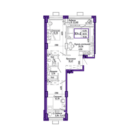 Планировка 3-комн 72,06 м²