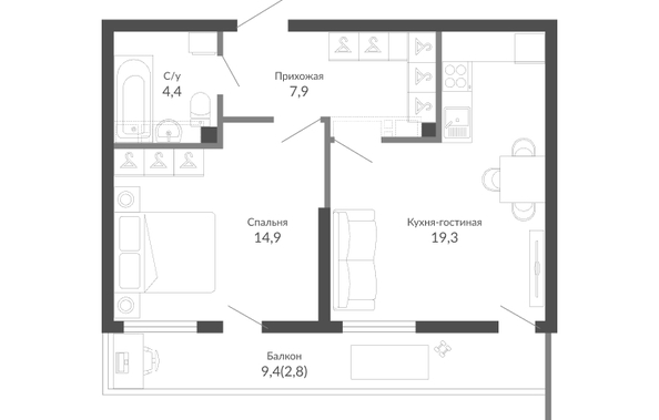 Планировка 1-комн 49,3 м²