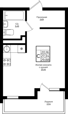 Планировка Студия 29,88 м²