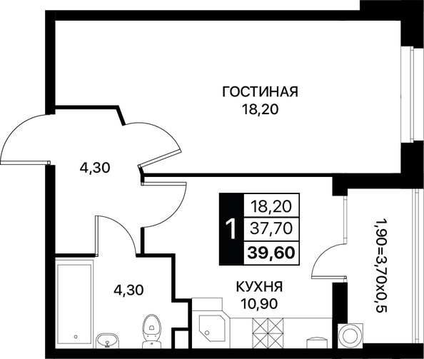 Планировка 1-комн 39,6 м²