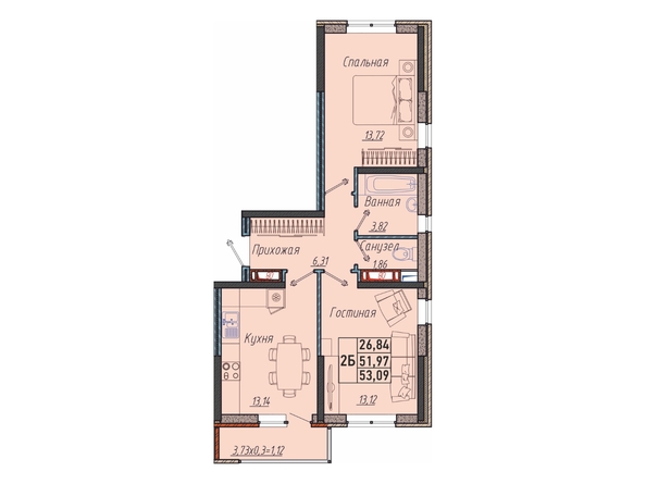 Планировка 2-комн 53,09 м²