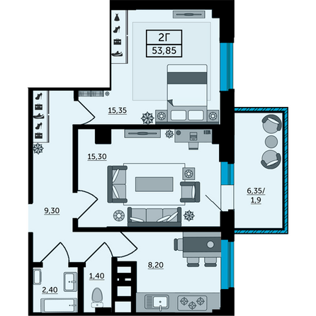 Планировка 2-комн 55,3 м²