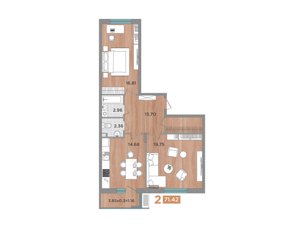 Планировка 2-комн 71,42 м²