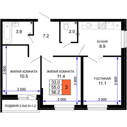 Планировка 3-комн 56,2 м²