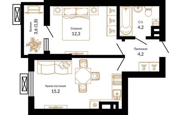 Планировка 1-комн 37,7 м²