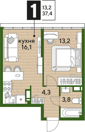 Планировка 1-комн 37,4 м²