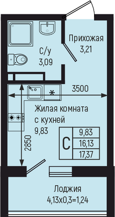 Планировка Студия 17,37 м²