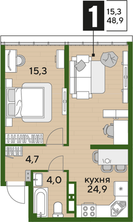 Планировка 1-комн 48,9 м²