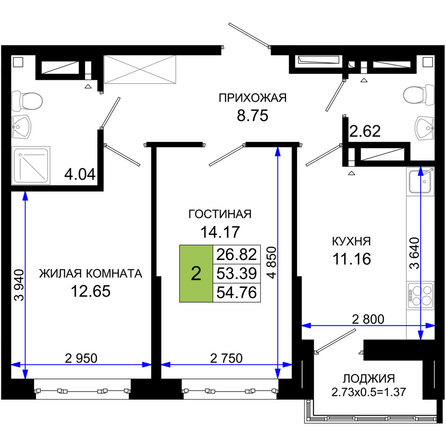 Планировка 2-комн 54,76 м²