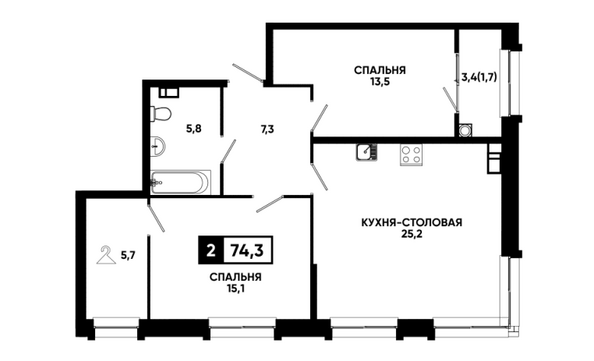 Планировка 2-комн 74,3 м²