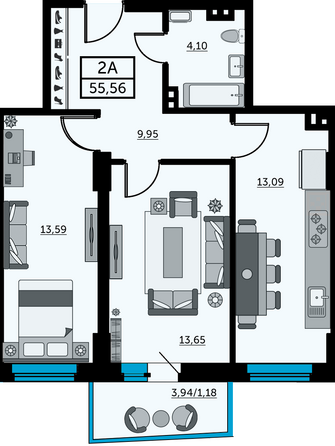 Планировка 2-комн 55 - 55,25 м²