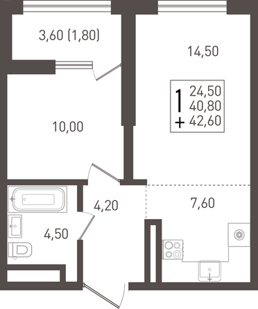 Планировка 1-комн 42,6 м²