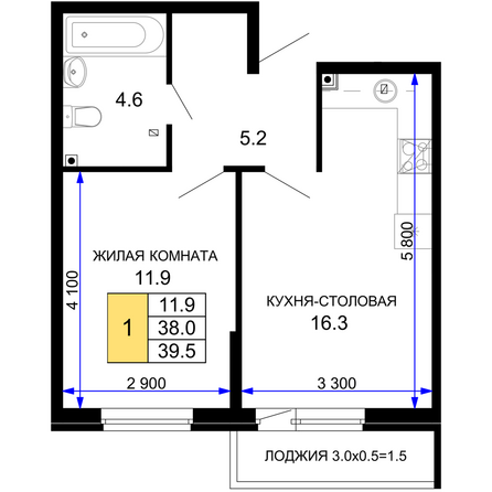 Планировка 1-комн 39,5 м²