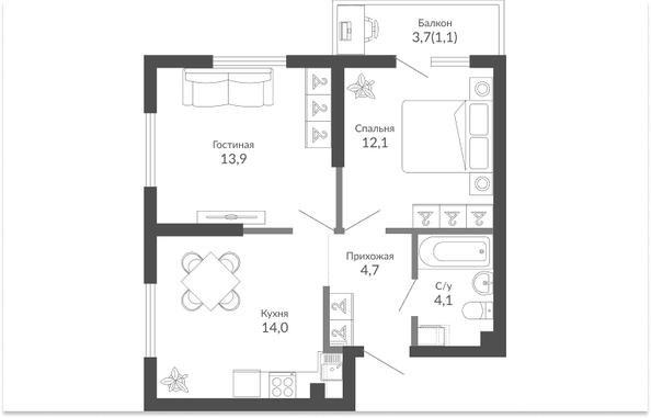 Планировка 2-комн 49,9 м²