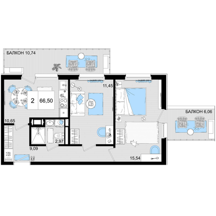 Планировка 2-комн 66,5 м²