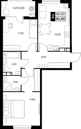 Планировка 2-комн 62,6, 63,1 м²