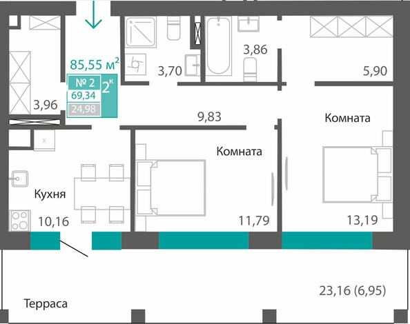 Планировка 2-комн 69,34 м²