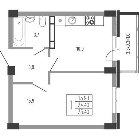 Планировка 1-комн 35,4 м²