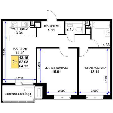 Планировка 2-комн 64,13 м²